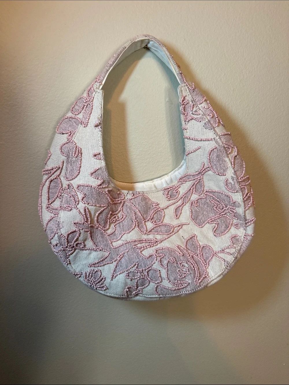 Pink Embroidered Crescent Shoulder Bag